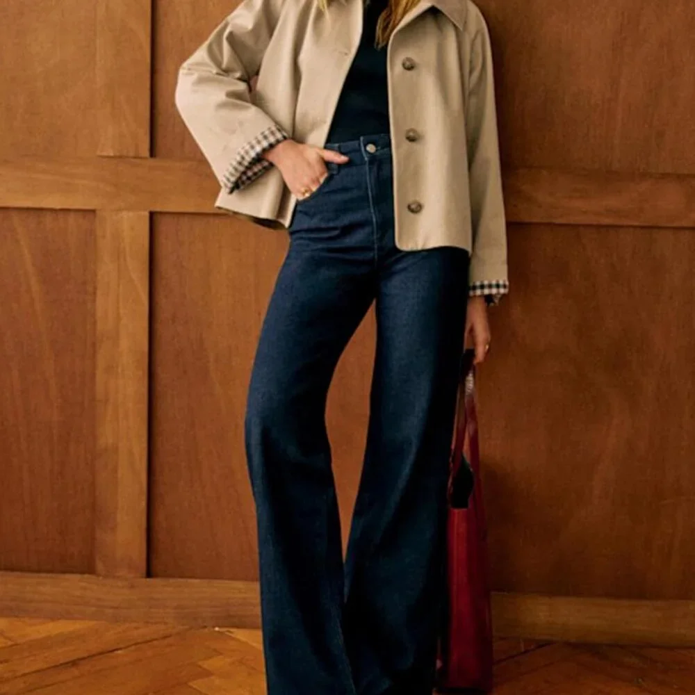 Women Oversize Trench Coat Plaid Lining Lapel Button Down Casual Crop Jacket Out - Picture 3 of 5